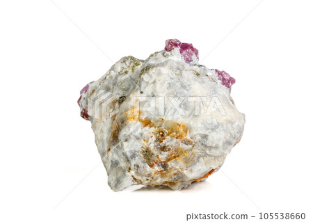 Macro mineral stone Ruby in rock on white background Macro mineral stone Ruby in rock on white background 105538660