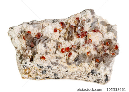 Macro mineral stone Spessartine, Feldspar, Smoky quartz, on a white background 105538661