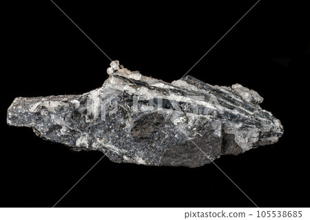 Macro mineral stone Stibnite quartz on a black background 105538685
