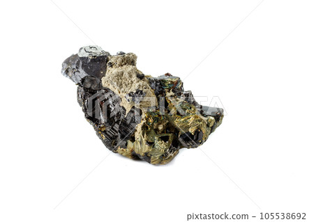 Macro mineral stone  Sphalerite Pyrite on a white background 105538692