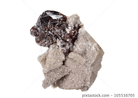 Macro of mineral Sphalerite stone on microcline on white background 105538705
