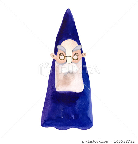 Watercolor old gnome in blue costume. Wizard. Isolated illustration. Clipart. Raster illustration for packaging, greeting cards and wrapping paper, gifts, posters. 105538752