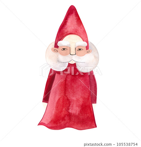 Watercolor old gnome in red costume. Wizard. Isolated illustration. Clipart. Raster illustration for packaging, greeting cards and wrapping paper, gifts, posters. Watercolor old gnome in red costume. Wizard. Isolated illustration. Clipart. Raster illustration for packaging, greeting cards and wrapping paper, gifts, posters. 105538754