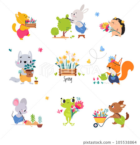 Cute Animals Gardener Working Cultivate Plants Vector Set 105538864