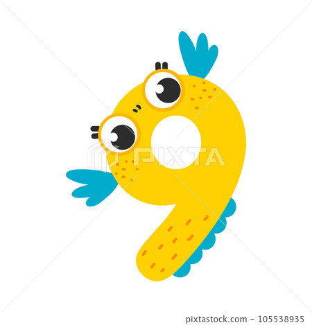 Funny Yellow Number Nine or Numeral with Eye Vector Illustration 105538935