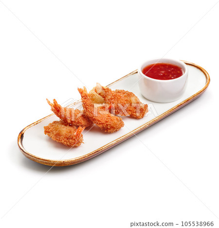 Tempura shrimps and sauce, deep fried shrimps on white background Tempura shrimps and sauce, deep fried shrimps on white background 105538966