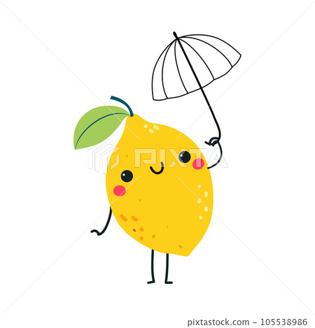 Funny Yellow Lemon Fruit Character with Umbrella Enjoying Vacation Vector Illustration Funny Yellow Lemon Fruit Character with Umbrella Enjoying Vacation Vector Illustration 105538986