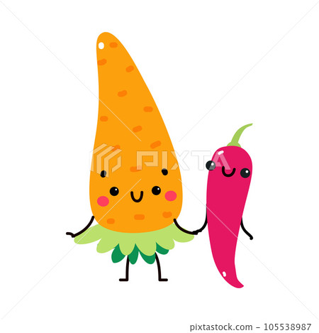 Funny Carrot and Chili Pepper Vegetable Character Hold Hands with Cute Smiling Face Vector Illustration 105538987