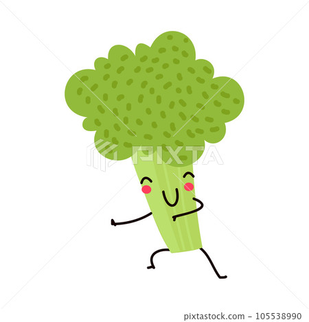 Funny Green Broccoli Vegetable Character Dancing with Cute Smiling Face Vector Illustration Funny Green Broccoli Vegetable Character Dancing with Cute Smiling Face Vector Illustration 105538990