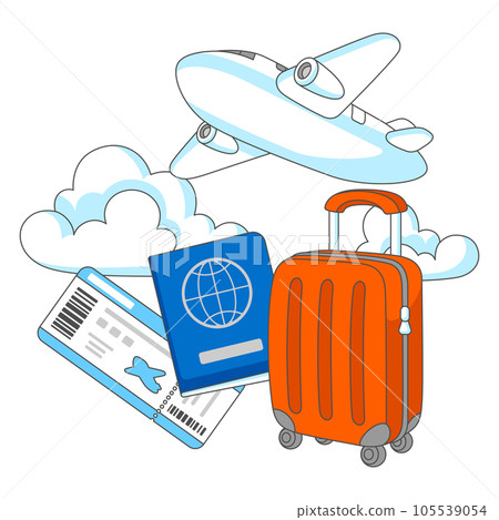 Travel aircraft illustration. Airplane, suitcase, ticket and passport for tourism advertising. 105539054