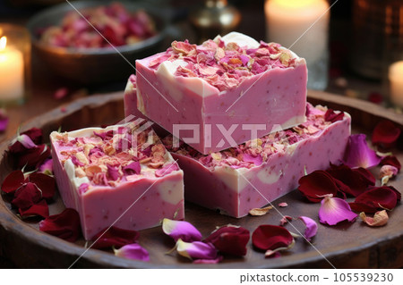 Handmade soap with rose petals. Organic soap with red rose flowers handmade at home. Handmade soap with rose petals. Organic soap with red rose flowers handmade at home. 105539230