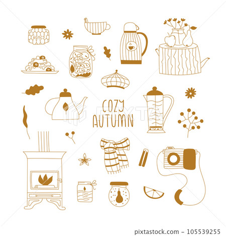 Vector line set with cozy autumn elements for card, invitation, web site, stickers, planner. Cute trendy fall minimal illustrations. Vector line set with cozy autumn elements for card, invitation, web site, stickers, planner. Cute trendy fall minimal illustrations. 105539255
