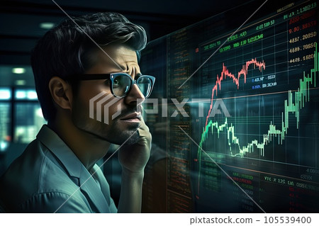 Male financial analyst in eyeglasses works in front of multiple monitors in the office. 105539400