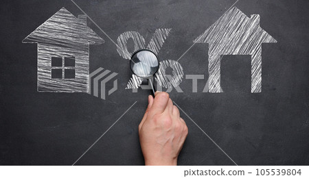 Chalk-drawn houses and a percentage sign on a blackboard, a female hand holding a magnifying glass. Concept of increasing or decreasing mortgage, rent. 105539804