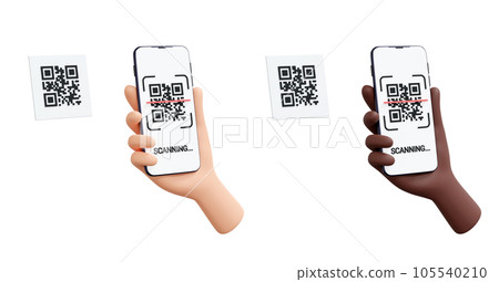 QR code scanning and reading 3d render illustration. Hand holding mobile phone with barcode on screen. Cashless payment or downloading information concept - smartphone with qrcode scanner. 105540210