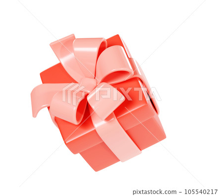 Red gift box with pink ribbon and bow flying in air. 3d render illustration of falling present pack. Floating surprize pack for congratulation or winner design - greeting and reward element. 105540217