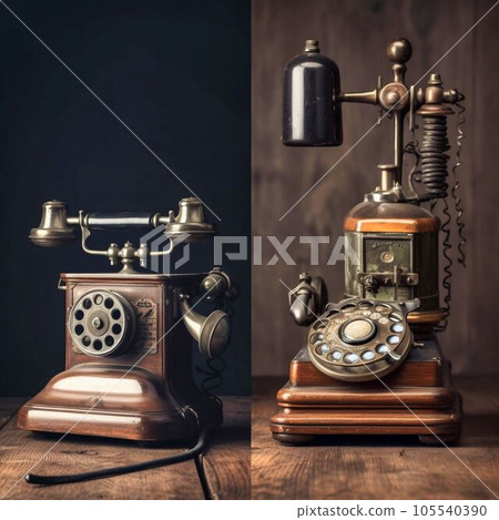 comparison of the use of old and new technologies, old disk phones. Generative AI 105540390