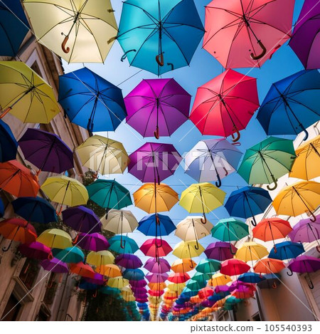 colorful umbrellas fly in the sky, Generative AI 105540393