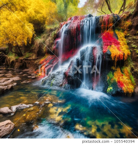 colored waterfall. in the middle of natural nature, Generative AI 105540394