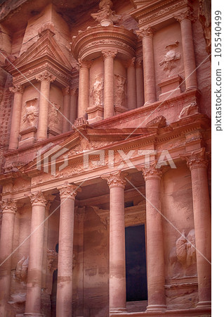 View of the Al-Khazneh Palace or Treasury in Petra, Jordan. 105540499