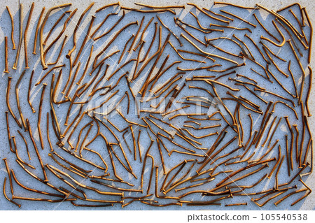 Lot of rusty bent nails on flat surface, concept of reuse, recyclable, recycling. Lot of rusty bent nails on flat surface, concept of reuse, recyclable, recycling. 105540538