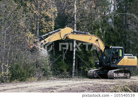 Removing vegetation with forestry mulcher suspended from an excavator. 105540539