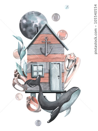 Sea cabin striped with whale, moon, shells, algae, bubbles. Watercolor illustration, hand drawn. Isolated composition on a white background. Sea cabin striped with whale, moon, shells, algae, bubbles. Watercolor illustration, hand drawn. Isolated composition on a white background. 105540554