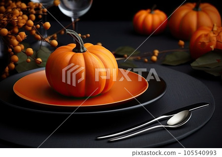 Thanksgiving day table setting with pumpkins, plate on black table. Generative AI. 105540993