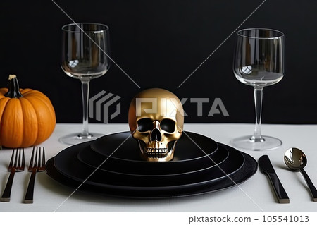 Festive Halloween table setting with spider and black decor. Generative AI. 105541013