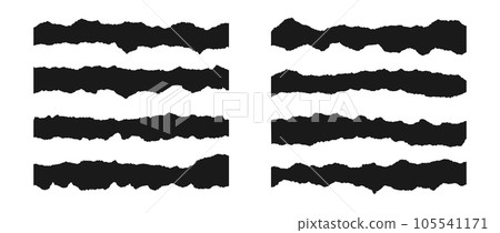 Torn thin and long pieces of paper set. Black cutout paper strips with jagged edges. Ripped horizontal fragment collection. Textured grunge element bundle for collage, textbox, banner, sticker. Vector 105541171