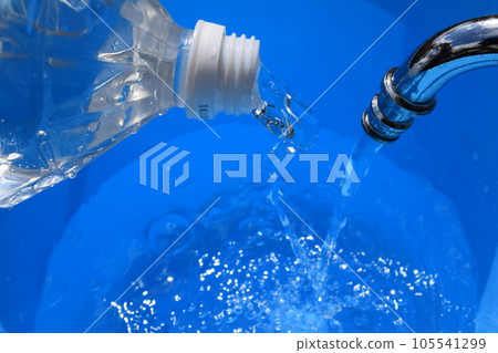 Water supply image Water faucet and plastic bottle 105541299