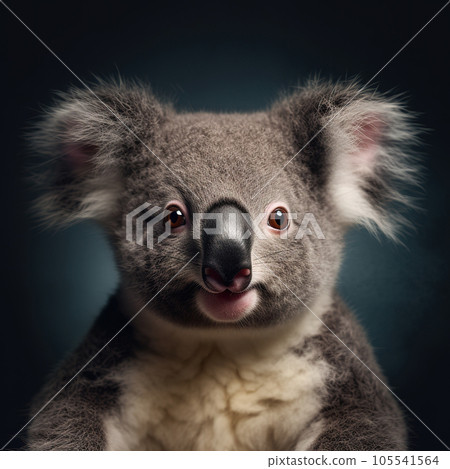 Koala on a blue background close-up studio portrait. Australian wild animal. Generative AI. Koala on a blue background close-up studio portrait. Australian wild animal. Generative AI. 105541564