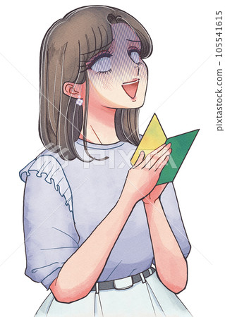 Showa shojo manga-style woman holding a wakaba mark and feeling depressed 105541615