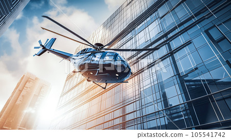 Helicopter lands on roof of skyscraper. Blue glass skyscrapers with reflection of sun. City landscape of modern metropolis. Generative AI 105541742