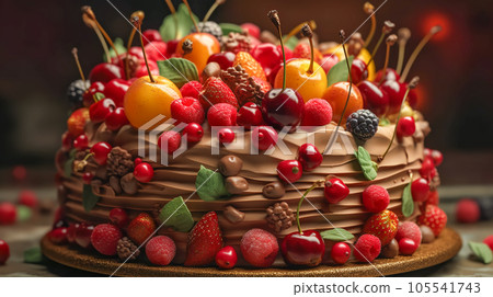 Fruit chocolate cake. Appetizing cupcake with fresh fruits of strawberries, cherries, raspberries, covered with chocolate icing. Generative AI 105541743