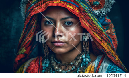 Portrait of beautiful Colombian woman in national costume. Traditional colorful clothes, makeup and jewelry. Generative AI Portrait of beautiful Colombian woman in national costume. Traditional colorful clothes, makeup and jewelry. Generative AI 105541744