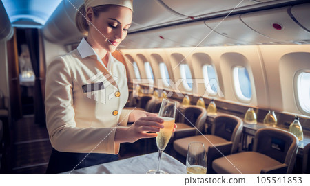 Stewardess pours champagne into glasses. Serving on board aircraft during flight in business class. Generative AI Stewardess pours champagne into glasses. Serving on board aircraft during flight in business class. Generative AI 105541853