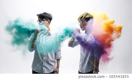 Portrait of Asian mans in smoke on gray background. Cloud of white colorful smoke. Generative AI 105541855