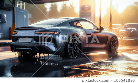 Auto at car wash in outdoor. Washing Car Backdrop. Generative AI Auto at car wash in outdoor. Washing Car Backdrop. Generative AI 105541856