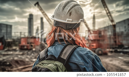 Young woman builder on construction site. Female worker wearing protective helmet inspects construction. Back view. Generative AI 105541857