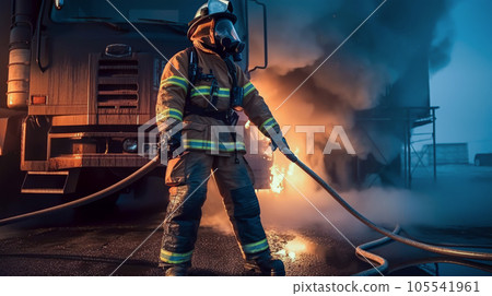 Firefighter in protective suit, helmet and gas mask extinguishing flame against background of fire engine. Dark background with smoke and fire. Generative AI. Firefighter in protective suit, helmet and gas mask extinguishing flame against background of fire engine. Dark background with smoke and fire. Generative AI. 105541961