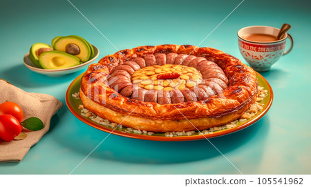 Tasty traditional Colombian food. Juicy Bandeja Paisa on blue background. Generative AI 105541962
