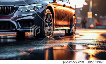 Fashionable modern car stands in rain in wet road. Generative AI 105541963