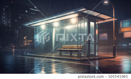 Empty bus stop with blank billboard. Night neon illumination in futuristic city. Mockup of bus station with blank advertising light box. Generative AI 105541965