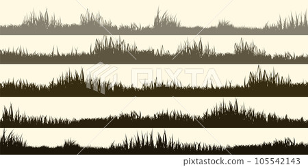 Meadow silhouettes with grass, plants on plain. Panoramic summer lawn landscape with herbs, various weeds. Herbal border, frame element. Brown horizontal banners. Vector illustration 105542143