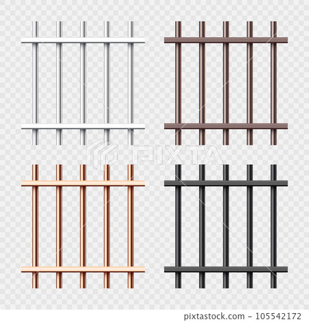 Various shiny metal prison bars collection. Realistic detailed jail cage, prison iron fence. Criminal background mockup. Vector illustration 105542172