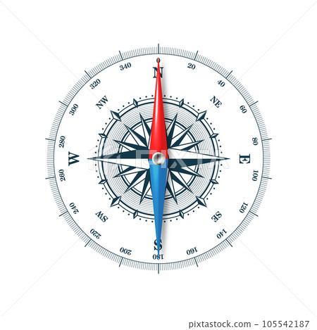 Marine compass, nautical wind rose with cardinal directions of North, East, South, West and degree markings. Geographical position and orientation, cartography and navigation. Vector illustration 105542187