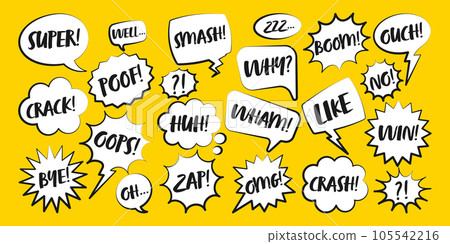 Comic speech bubbles with handwritten text. Outline, hand drawn retro cartoon stickers on yellow background. Chatting and communication, dialog elements. Pop art style. Vector illustration 105542216