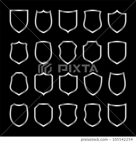 Set of metal vintage shield frames. Shiny silver heraldic shields. Black protection and security symbol, label. Vector illustration Set of metal vintage shield frames. Shiny silver heraldic shields. Black protection and security symbol, label. Vector illustration 105542254