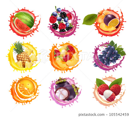 Set of fruits and berries in juice splashes. Watermelon,  pineapple, grape. papaya, banana, mango, passion flower, raspberry, mangosteen, strawberry, plum juice drink splashing. Vector 105542459